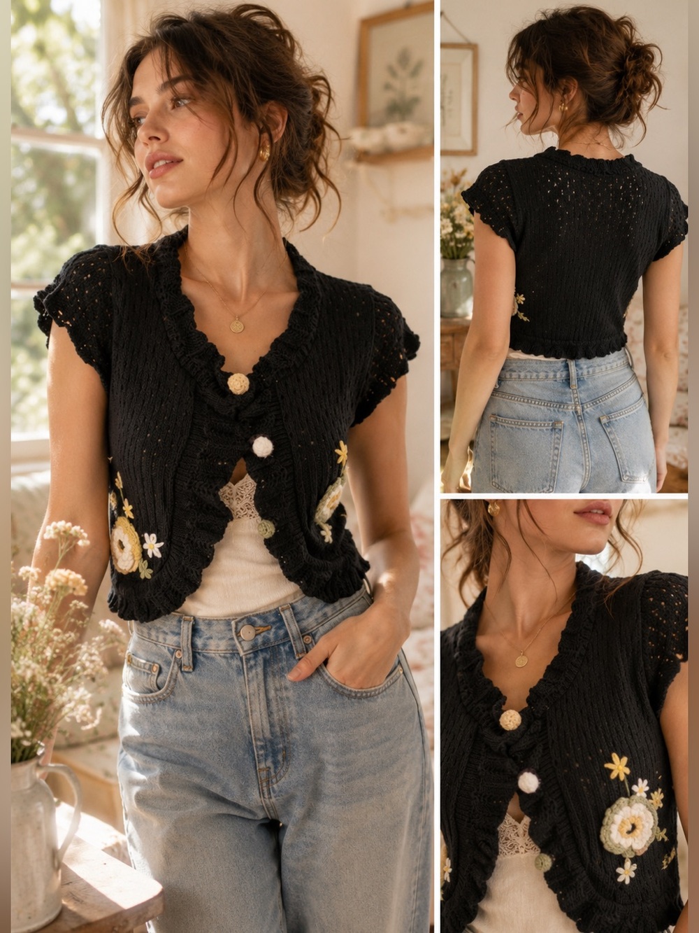 Blanche Cropped Knit Cardigan TU Black Floral Crochet Boho Anthropologie Style